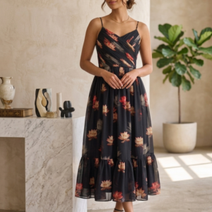Warm Amber Lotus Strappy Dress