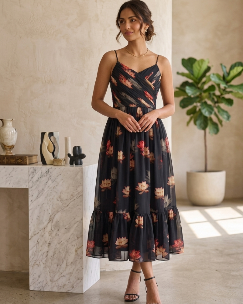 Warm Amber Lotus Strappy Dress