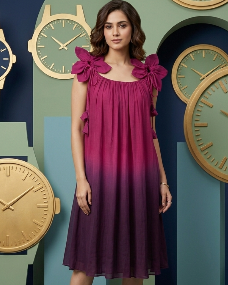 Magenta & Deep Plum Bow-Detailed Ombre Dress